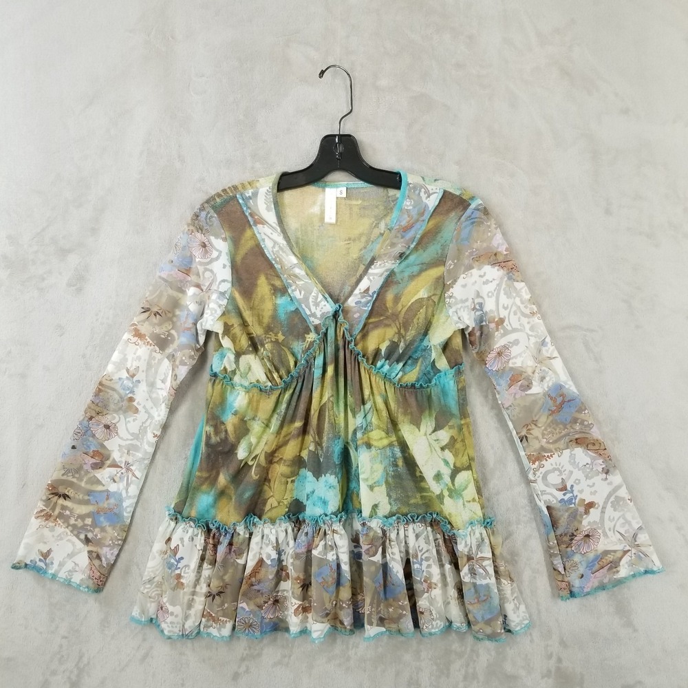 Hand Jive Babydoll‎ Top Women S Floral Tiered Sheer Flounce V Neck Hippie Boho